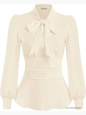 Long Sleeve Peplum Dressy Blouse with Bow Tie Collar Smocked Back Work Top